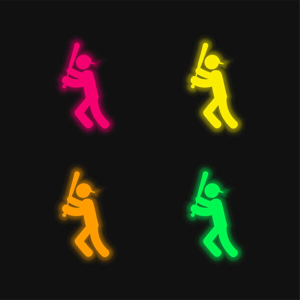 Baseball Player With Bat four color glowing neon vector icon