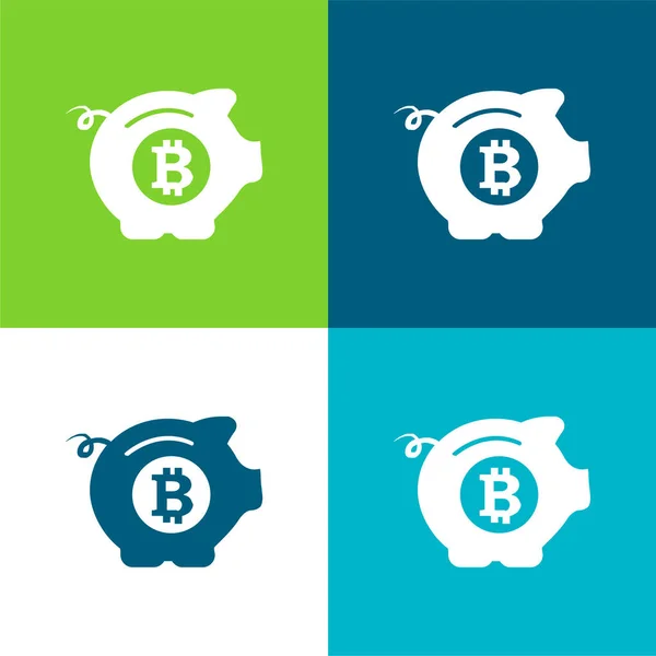 Bitcoin Safe Pig Flat Conjunto Iconos Mínimo Cuatro Colores — Vector de stock