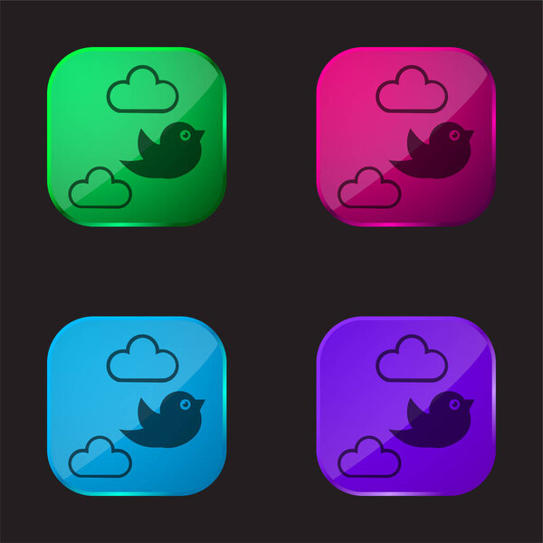 Bird Flying Between Clouds four color glass button icon