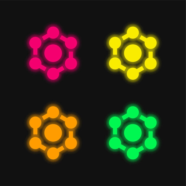Benzene four color glowing neon vector icon