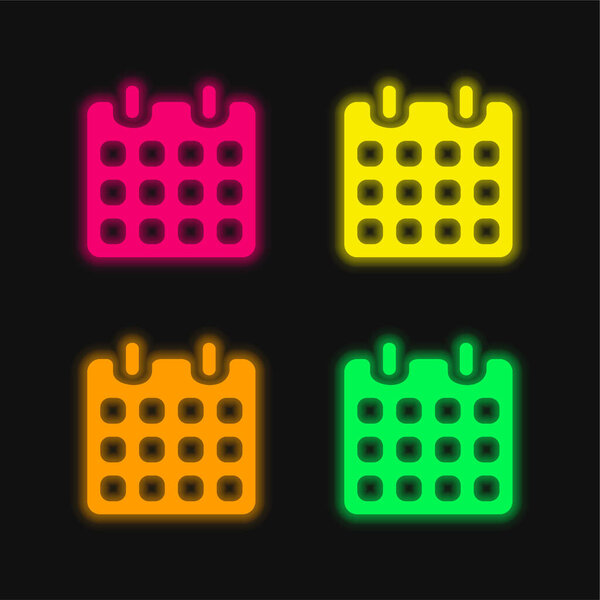 Black Paper Calendar With Spring four color glowing neon vector icon