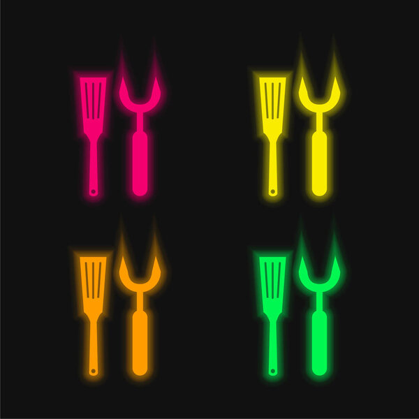 Barbacue Utensils four color glowing neon vector icon