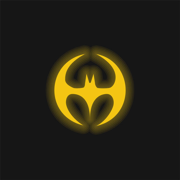 Bat Silhouette Black Shape With Wings Forming A Circle yellow glowing neon icon