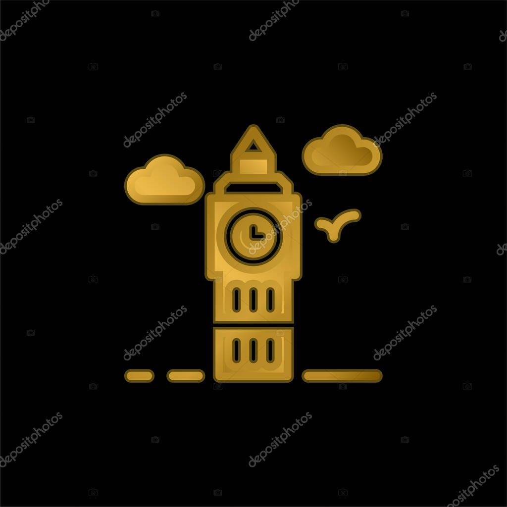 Big Ben gold plated metalic icon or logo vector