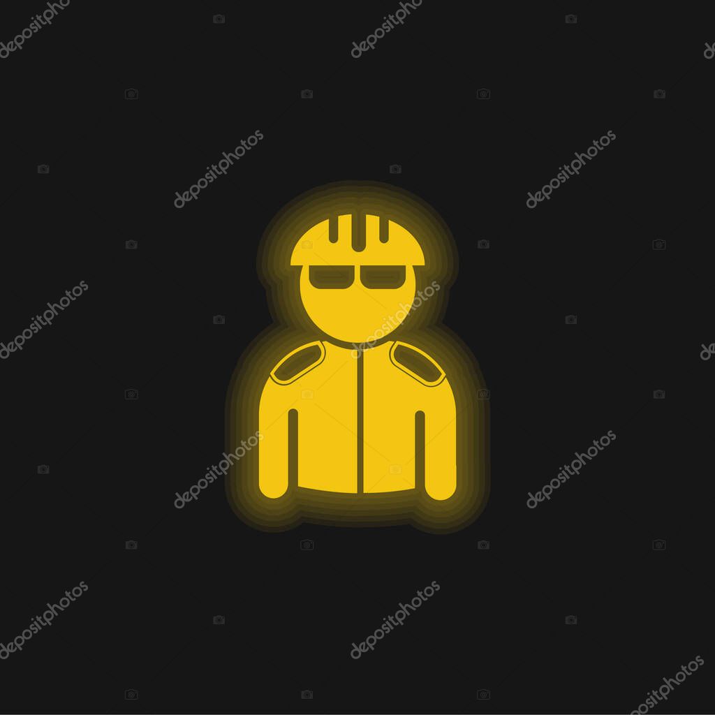 Bicyclist With Helmet And Jacket yellow glowing neon icon