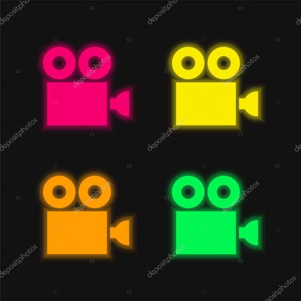 Antique Cinema Camera four color glowing neon vector icon