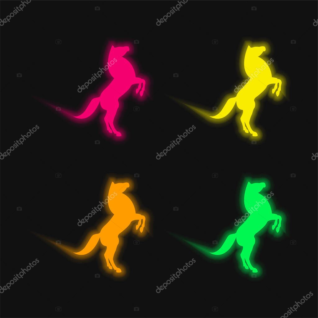 Big Horse Stand Up Pose On Back Paws four color glowing neon vector icon