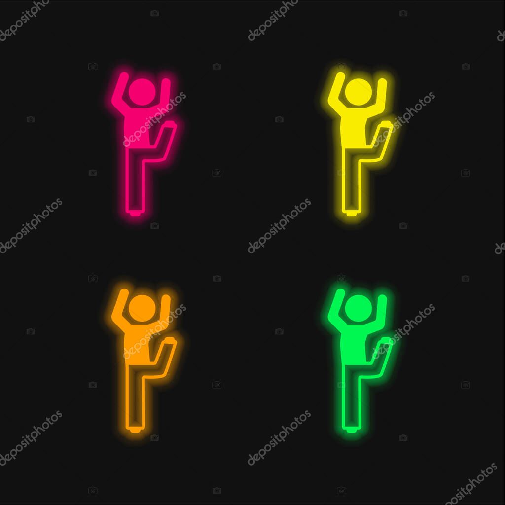 Boy With Bended Leg And Arms Up four color glowing neon vector icon