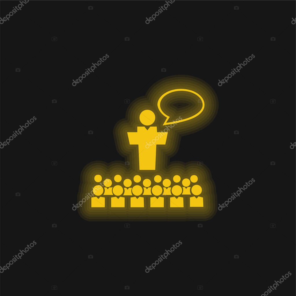 Big Group Of Small Students With Giant Professor In Front Of The Class Talking yellow glowing neon icon