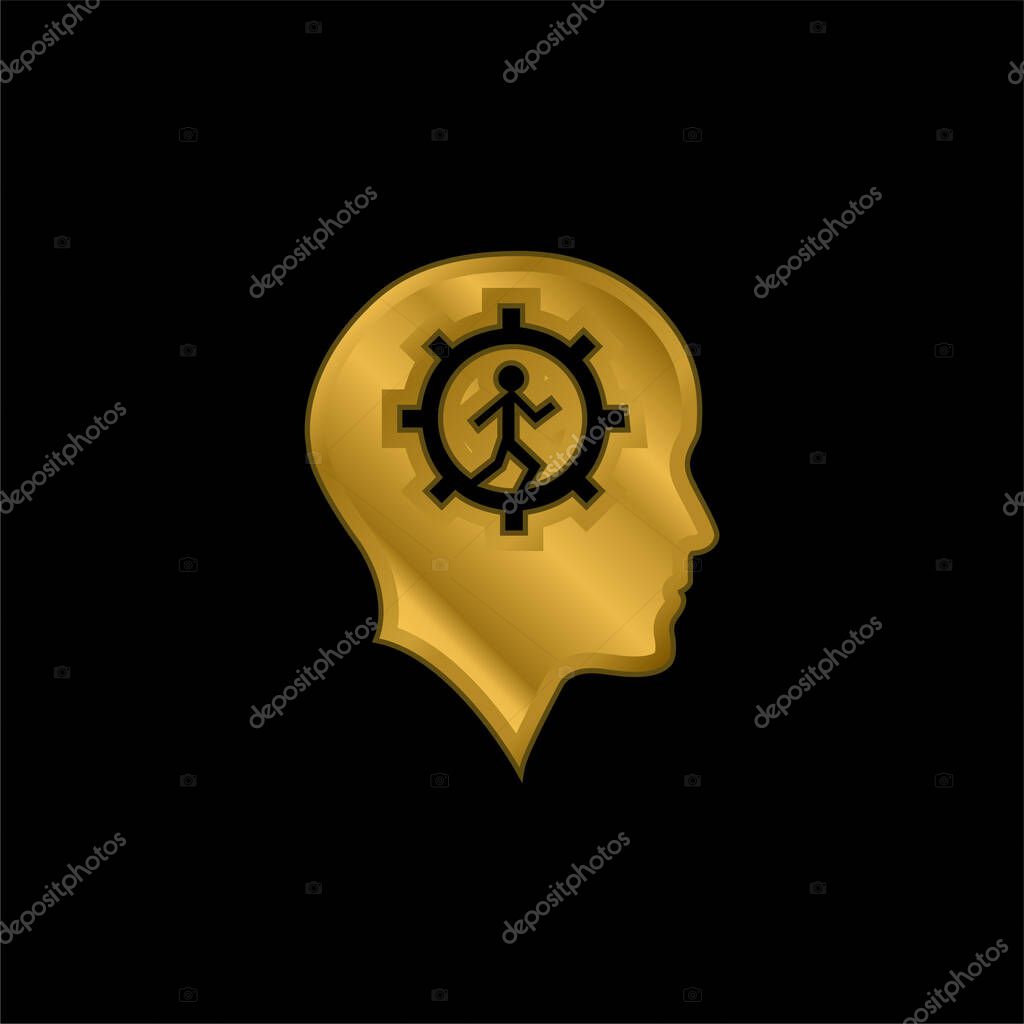 Bald Head With Gear And Running Man Inside gold plated metalic icon or logo vector