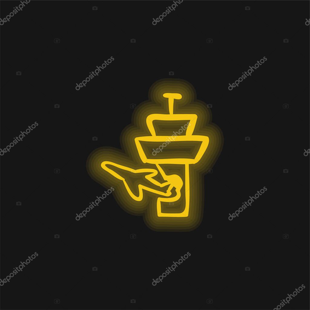 Airplane And Airport Tower Outlines yellow glowing neon icon