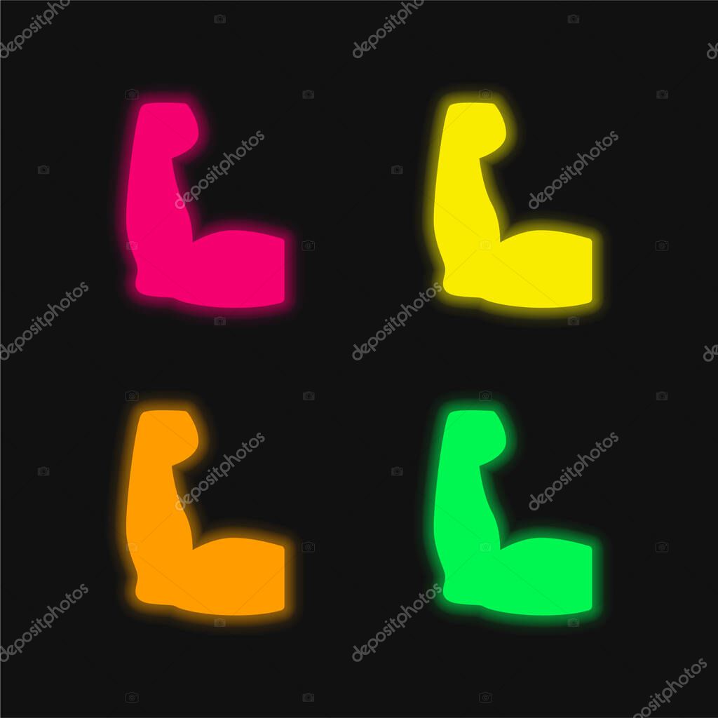 Biceps four color glowing neon vector icon