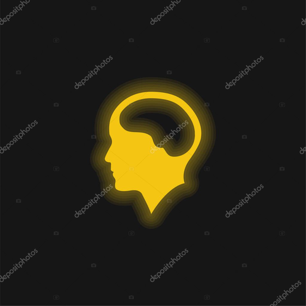 Brain Inside Human Head yellow glowing neon icon