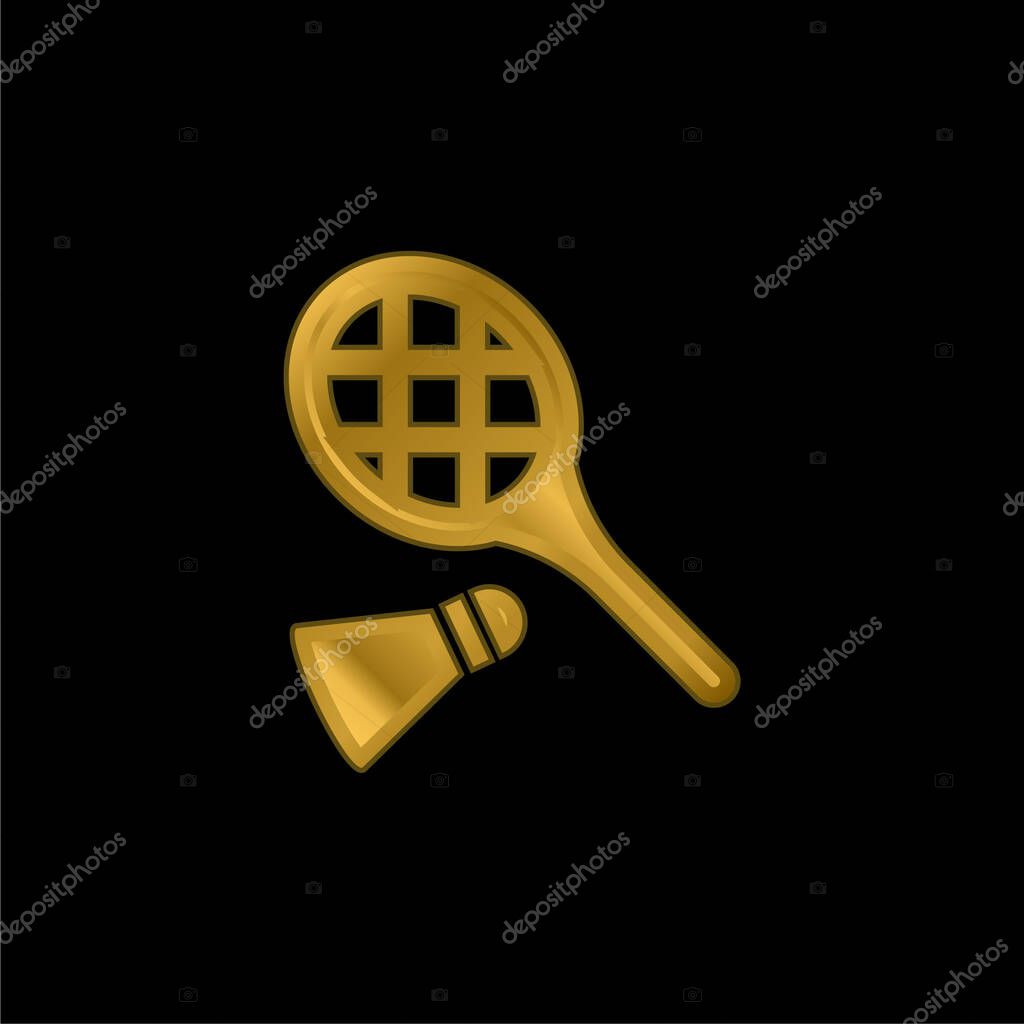 Badminton RAcket And Feather gold plated metalic icon or logo vector