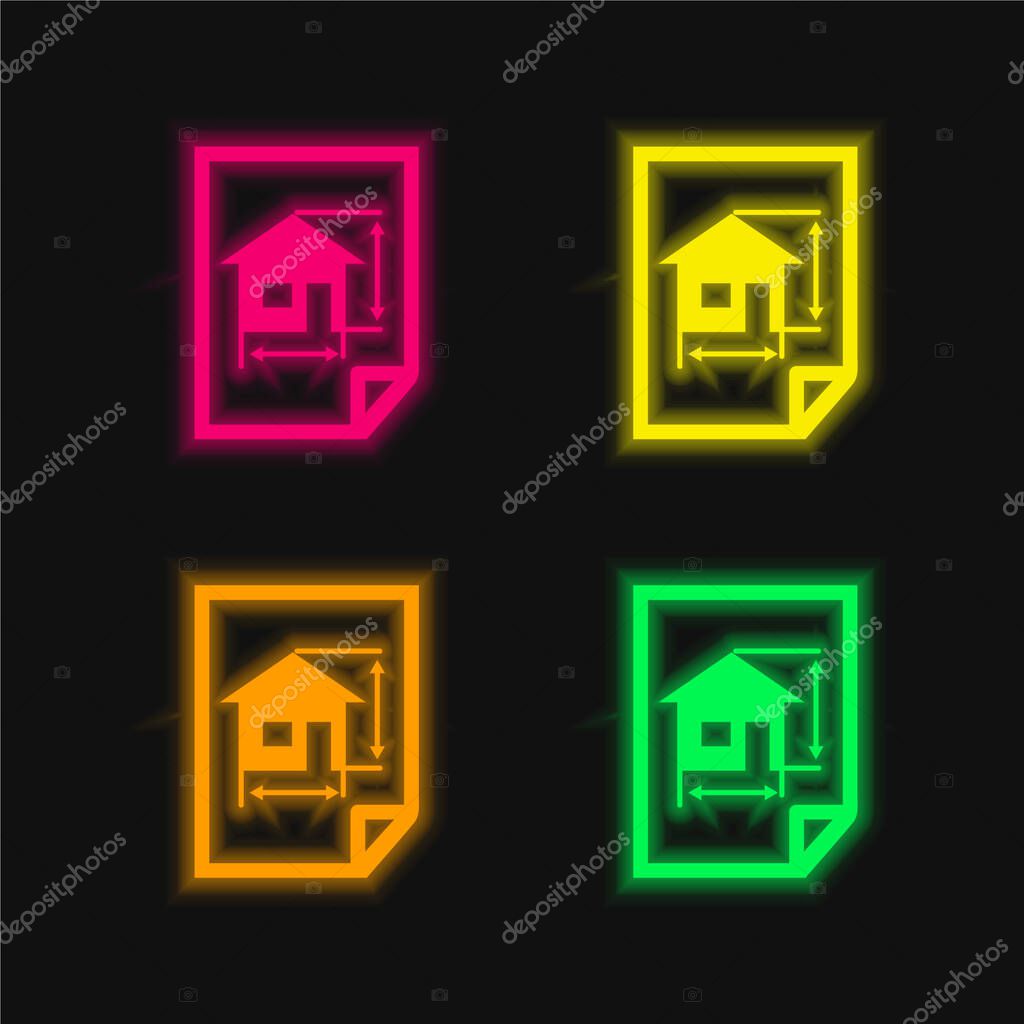 Architecture Draw Of A House On A Paper four color glowing neon vector icon