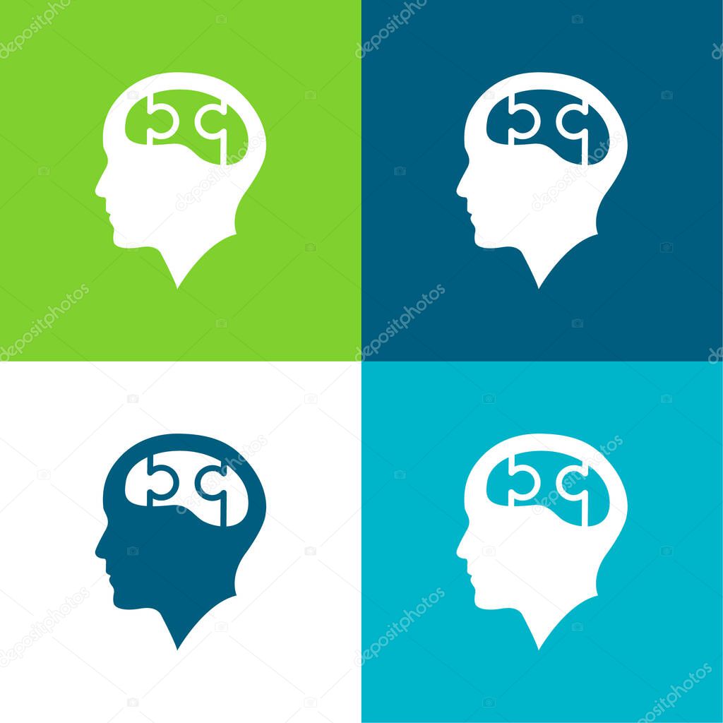 Bald Head With Puzzle Brain Flat four color minimal icon set