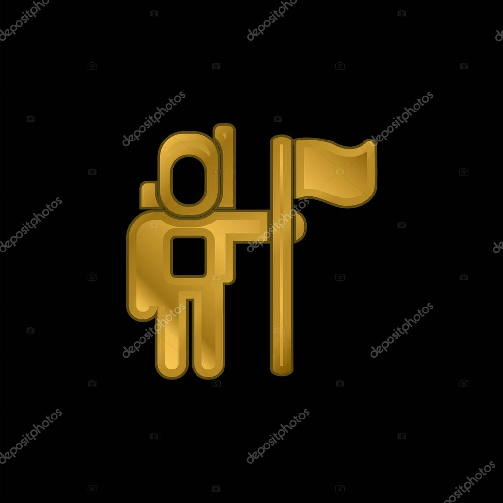 Astronaut Space Traveller With A Flag gold plated metalic icon or logo vector