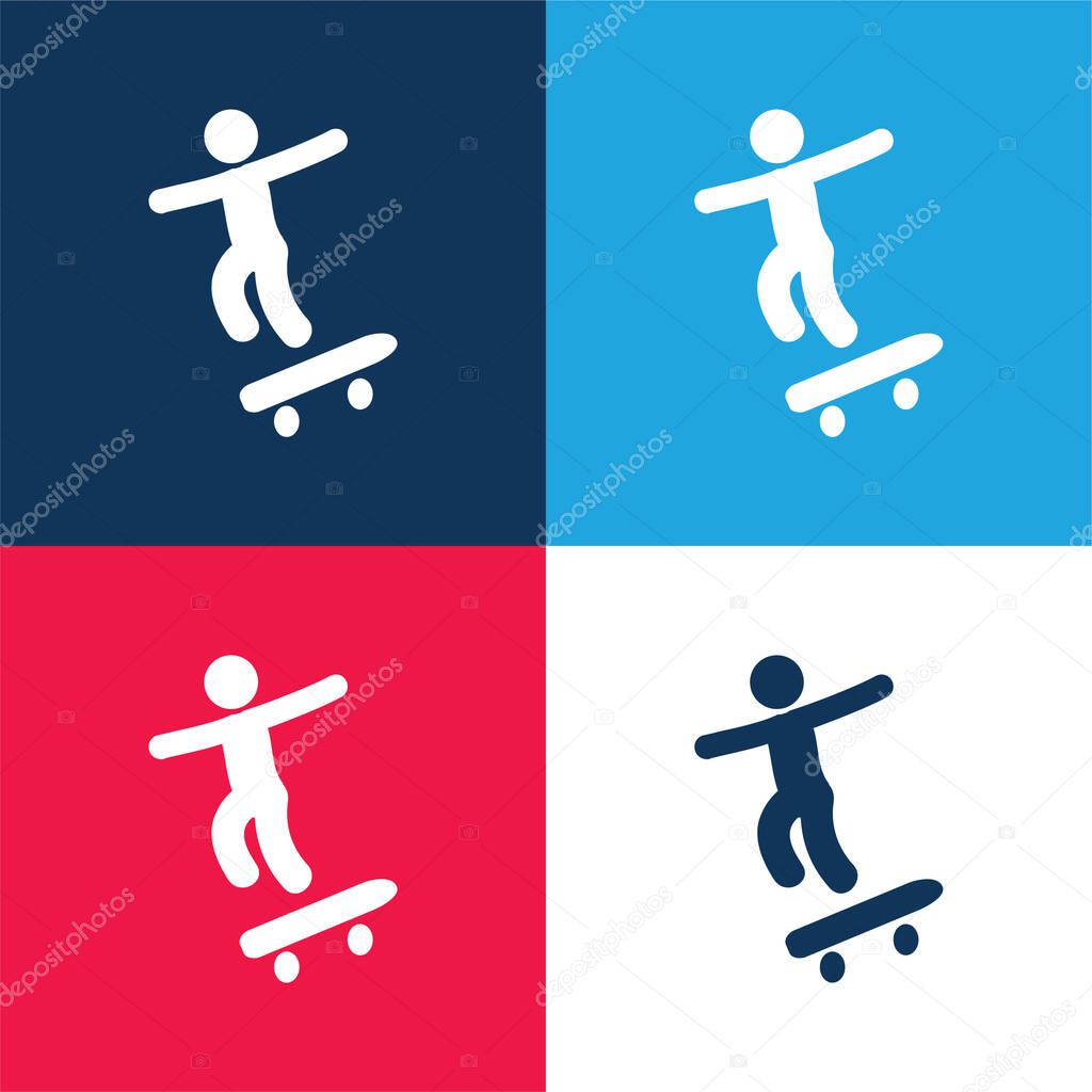 Boy With Skatingboard blue and red four color minimal icon set