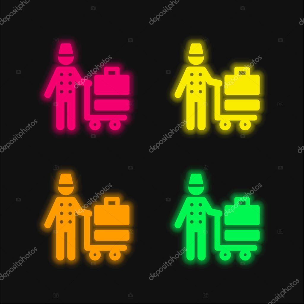 Bellhop four color glowing neon vector icon