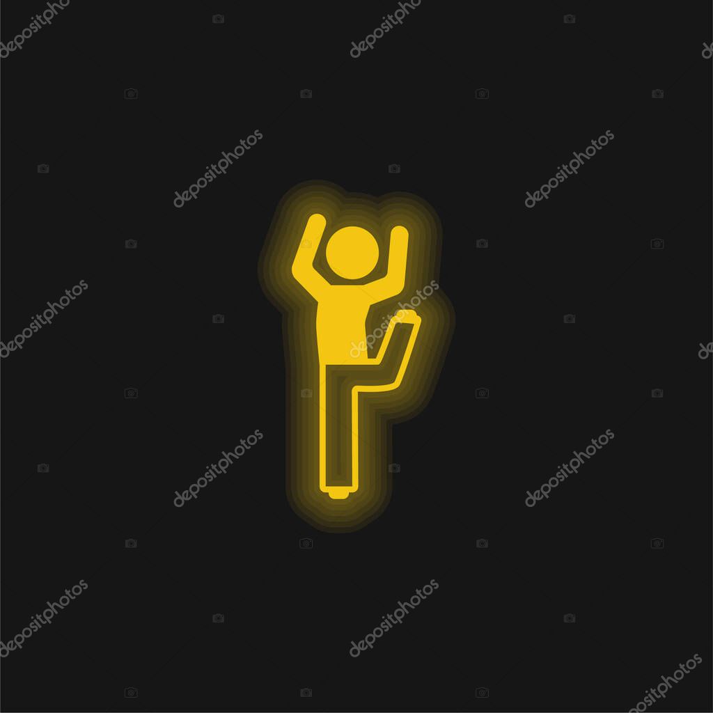 Boy With Bended Leg And Arms Up yellow glowing neon icon
