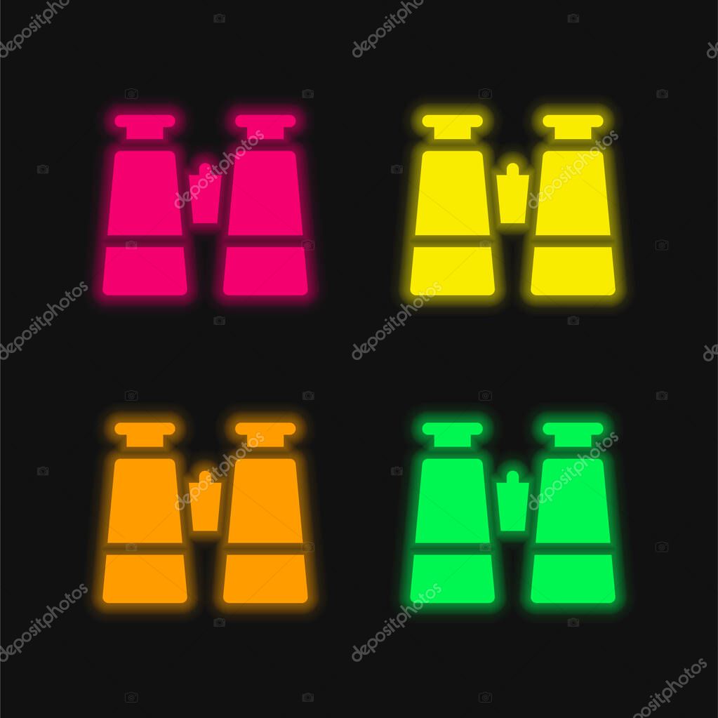 Binoculars four color glowing neon vector icon