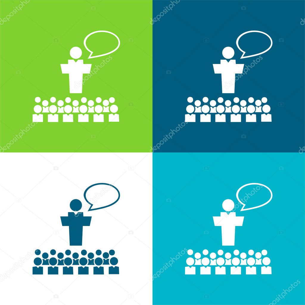 Big Group Of Small Students With Giant Professor In Front Of The Class Talking Flat four color minimal icon set