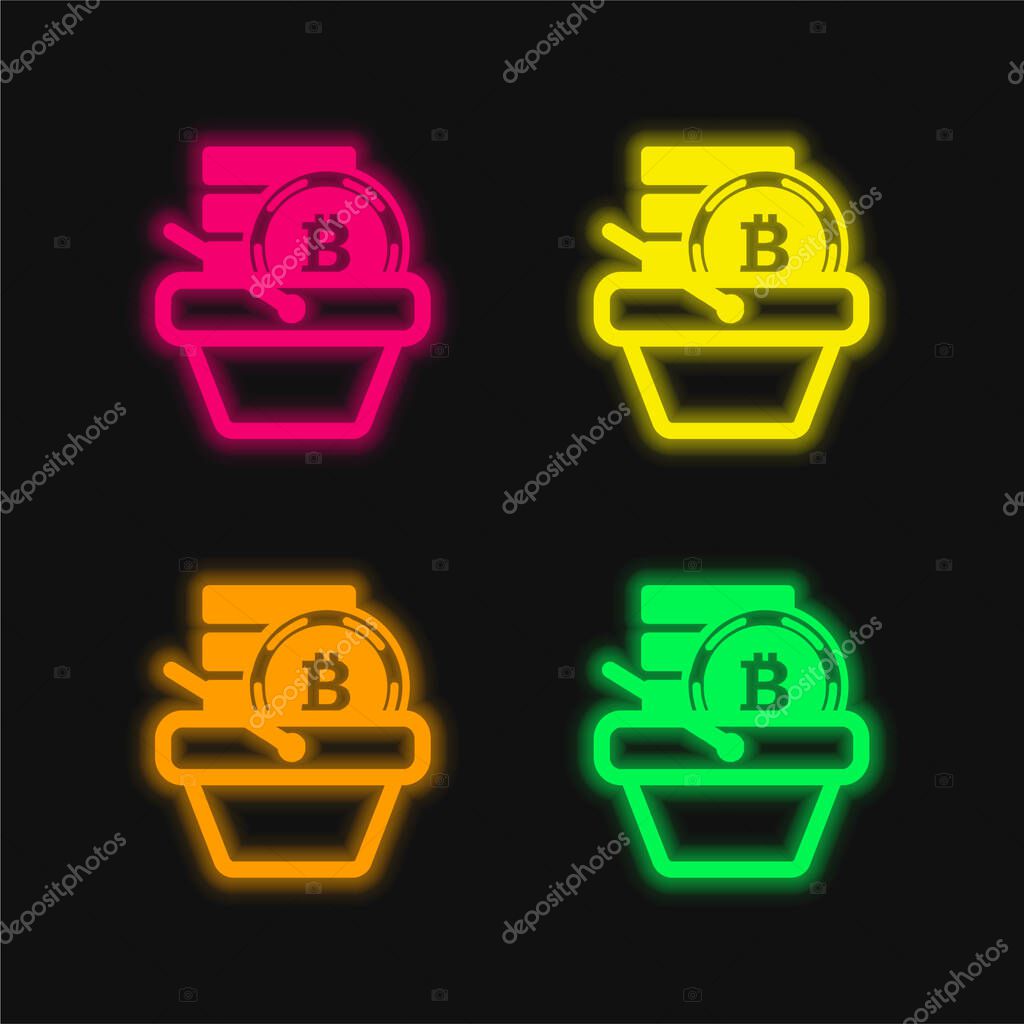 Bitcoin Shop four color glowing neon vector icon