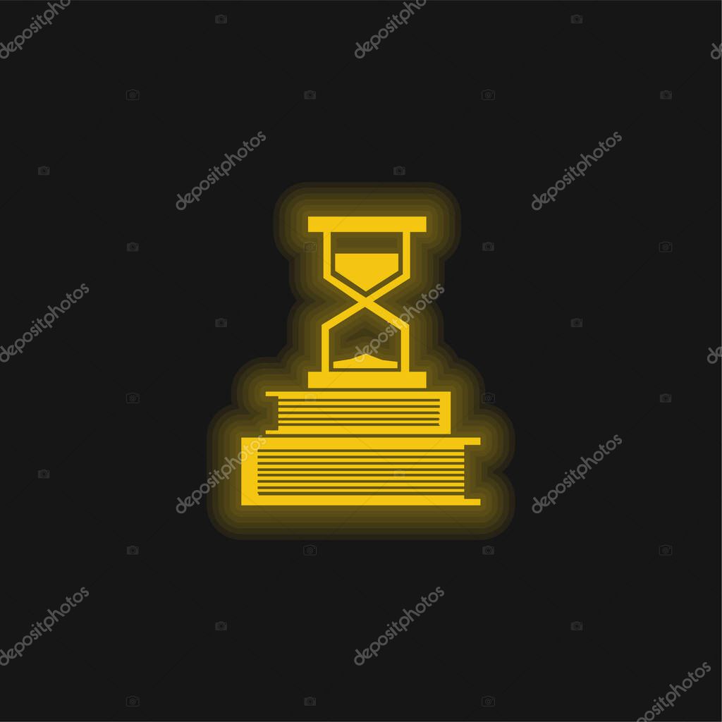 Books And Sand Clock yellow glowing neon icon
