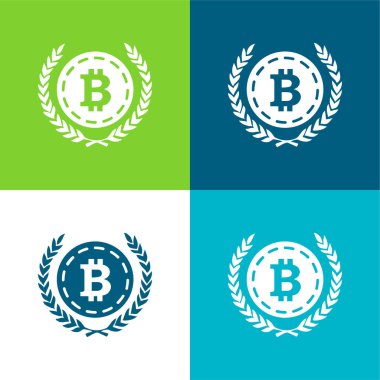 Bitcoin with Zeytin Yaprakları Her İki Tarafta Düz Dört Renk minimal simgesi seti