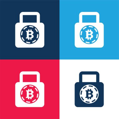 Bitcoin Güvenlik Sembolü Mavi ve kırmızı dört renk simgesi seti