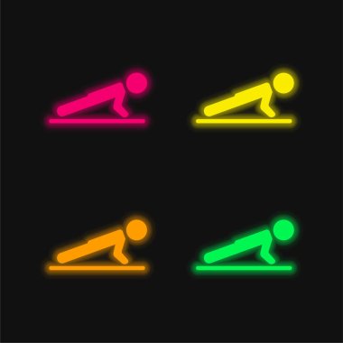 Boy Doing Pushups four color glowing neon vector icon clipart