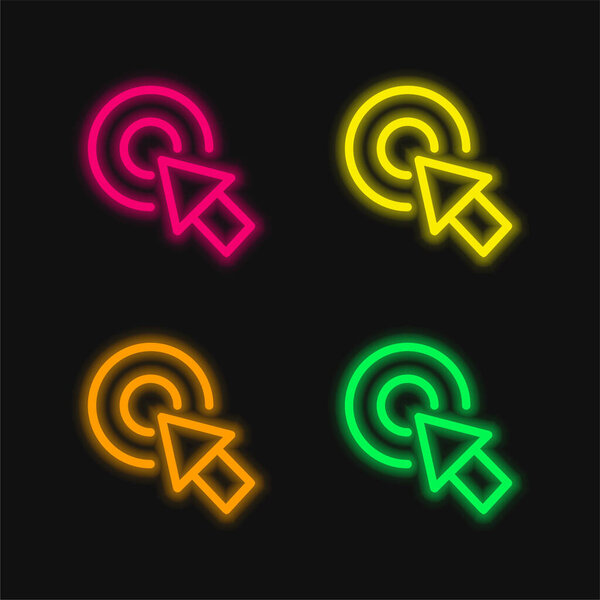 Arrow Pointing The Center Of A Circular Button Of Two Concentric Circles four color glowing neon vector icon