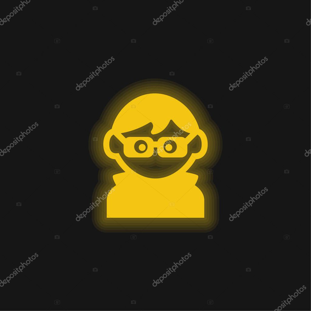 Boy With Eyeglasses, Dark Clothes And Hair yellow glowing neon icon