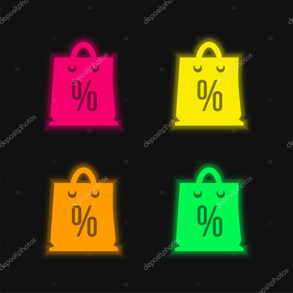 Bag With Discount Symbol Of Percentage four color glowing neon vector icon