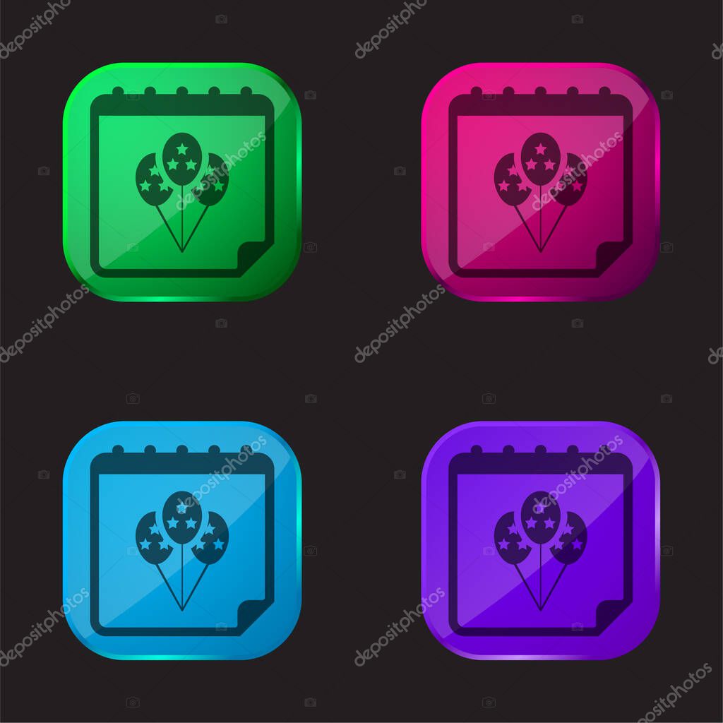 Birthday Balloons On Calendar Page four color glass button icon