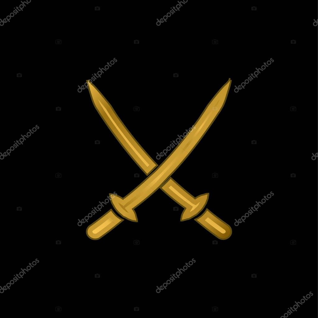 2 Katanas gold plated metalic icon or logo vector