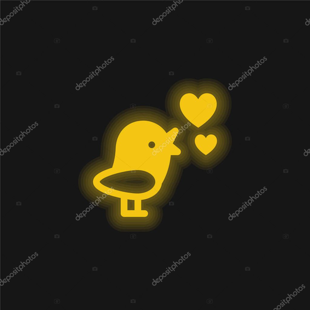 Bird With Hearts yellow glowing neon icon