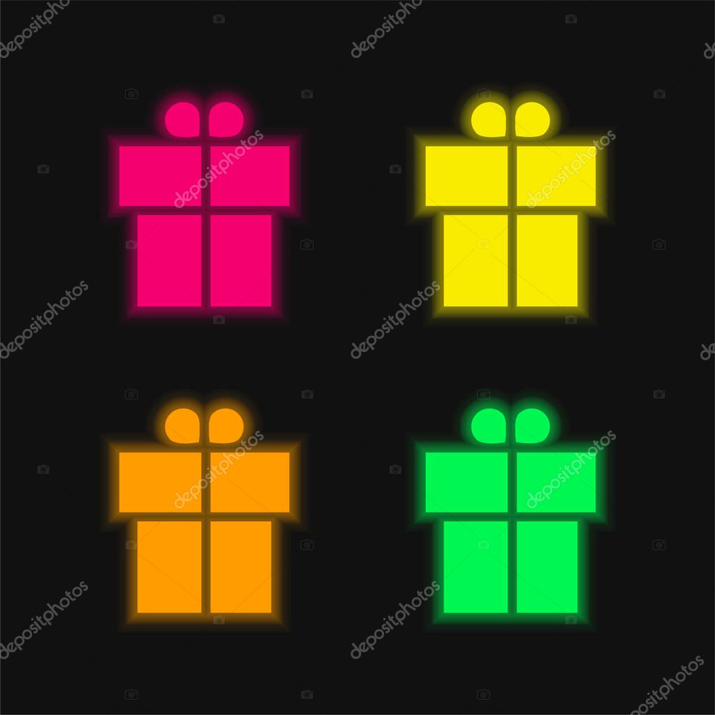 Boxed Gift With Ribbon four color glowing neon vector icon