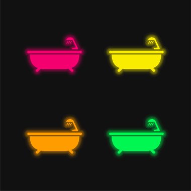 Bath Tub With Shower four color glowing neon vector icon clipart