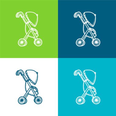 Baby Cart With An Umbrella Flat four color minimal icon set clipart