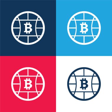 Bitcoin Küre Sembolü Mavi ve kırmızı dört renk minimal simgesi kümesi