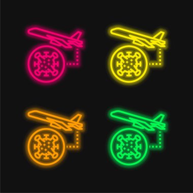 Hava düzlemi dört renk parlayan neon vektör simgesi