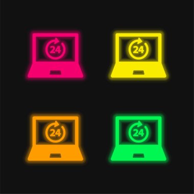 24 Hours On Laptop Screen four color glowing neon vector icon clipart