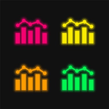 Bar Chart And Polyline four color glowing neon vector icon clipart