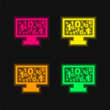 Monitördeki İkili Kod Numarası Dört Renkli Parlak neon vektör simgesi