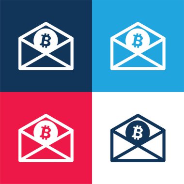 Bir Posta Zarfının İçindeki Bitcoin Mavi ve Kırmızı 4 renk simgesi seti