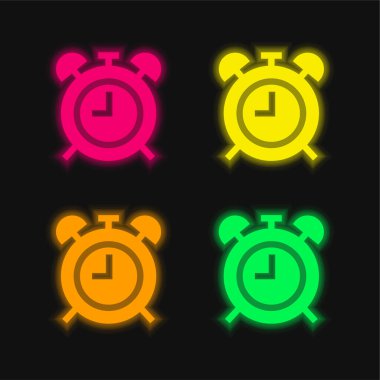 Alarma Clock four color glowing neon vector icon clipart