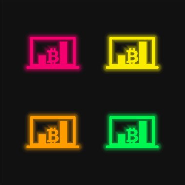 Bitcoin Çubukları Grafiksel Dizüstü bilgisayarda parlayan dört renkli neon vektör simgesi