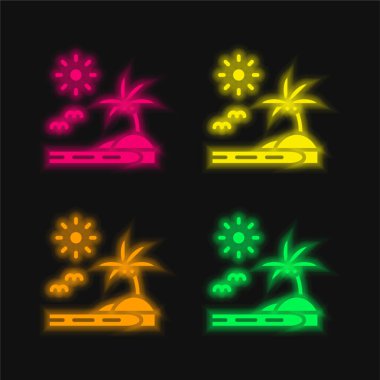 Plaj dört renk parlayan neon vektör simgesi
