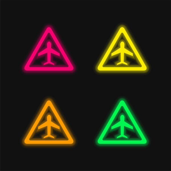 Airport Traffic Triangular Signal Of An Airplane four color glowing neon vector icon